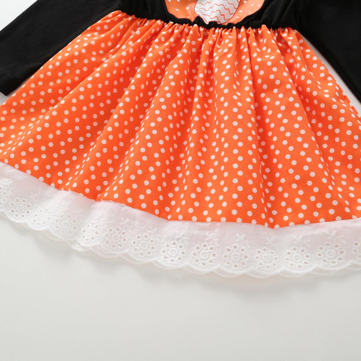 Girls Pumpkin Polka Dot Lace Long Sleeve Girls Dress Wholesale - PrettyKid