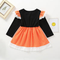 Girls Pumpkin Polka Dot Lace Long Sleeve Girls Dress Wholesale - PrettyKid