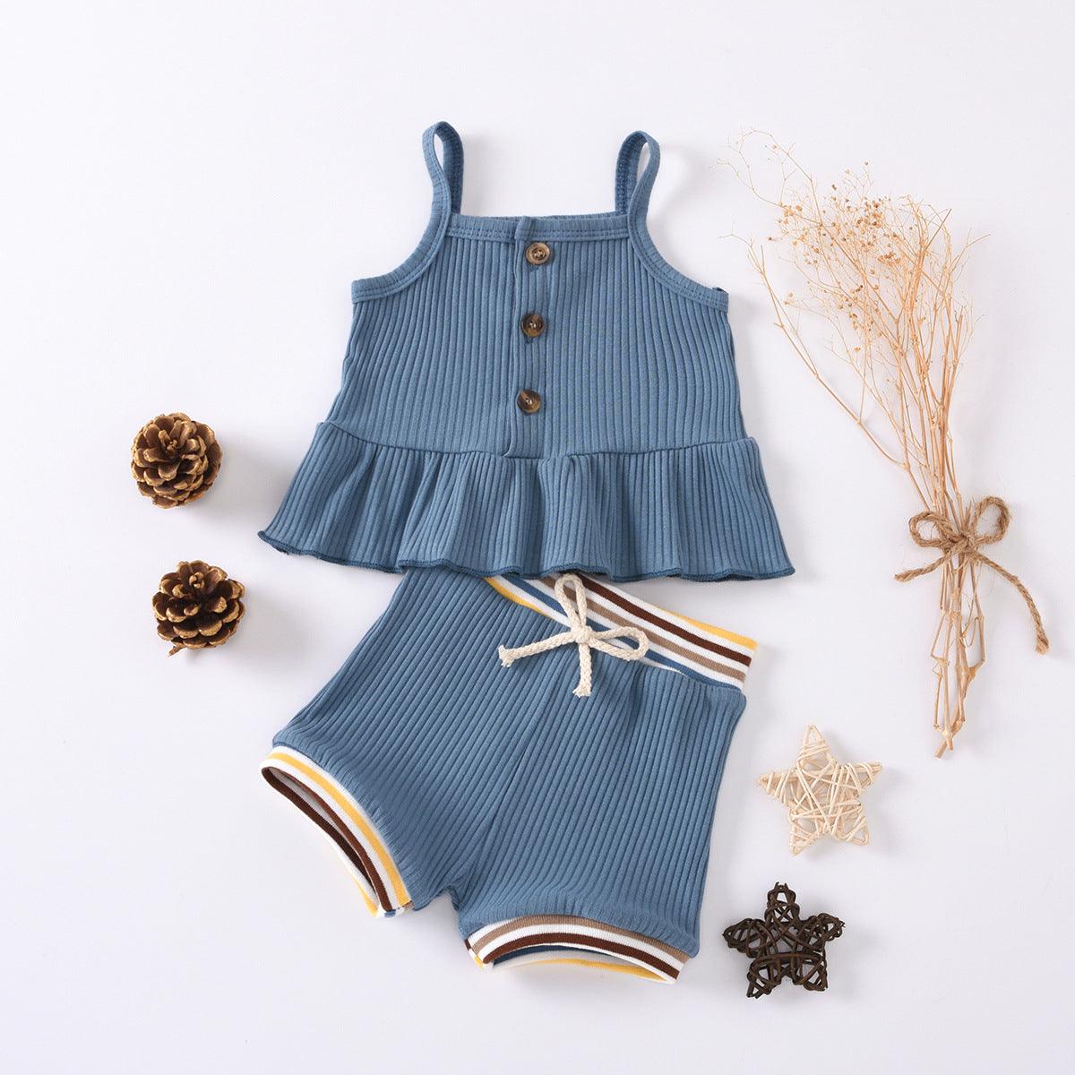 Baby Girls Knitted Suspender Top Rib Shorts Set - PrettyKid