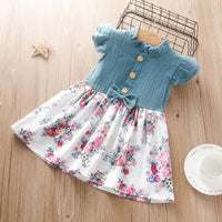 Toddler kids short sleeve dress with flying sleeve bow print stitching skirt - PrettyKid