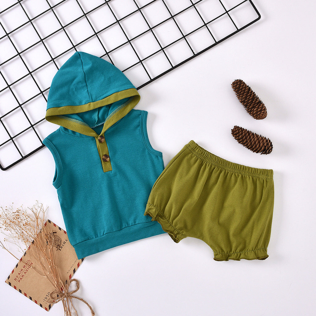 Toddler Boys Girls Contrast Sleeveless Hooded Vest Solid Shorts Set - PrettyKid
