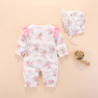 Baby Girls Bow Floral Lace Long Sleeve Romper & Hat Baby Wholesale Clothing - PrettyKid