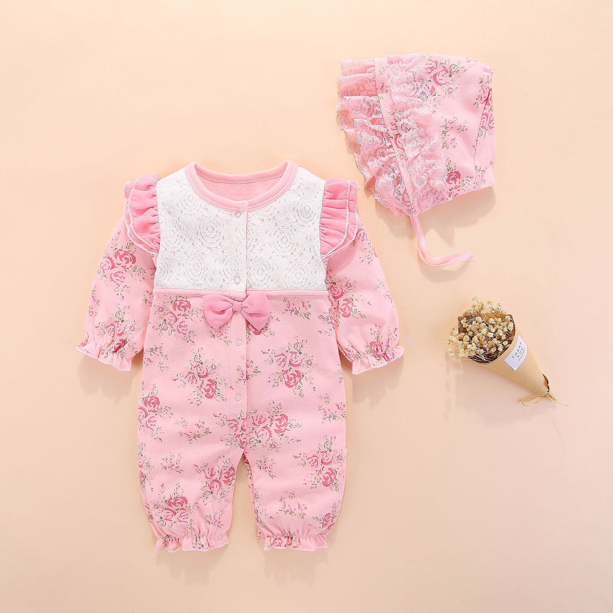 Baby Girls Bow Floral Lace Long Sleeve Romper & Hat Baby Wholesale Clothing - PrettyKid