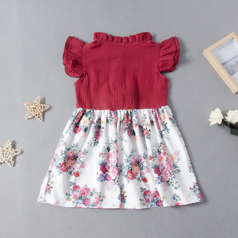 Toddler kids short sleeve dress with flying sleeve bow print stitching skirt - PrettyKid