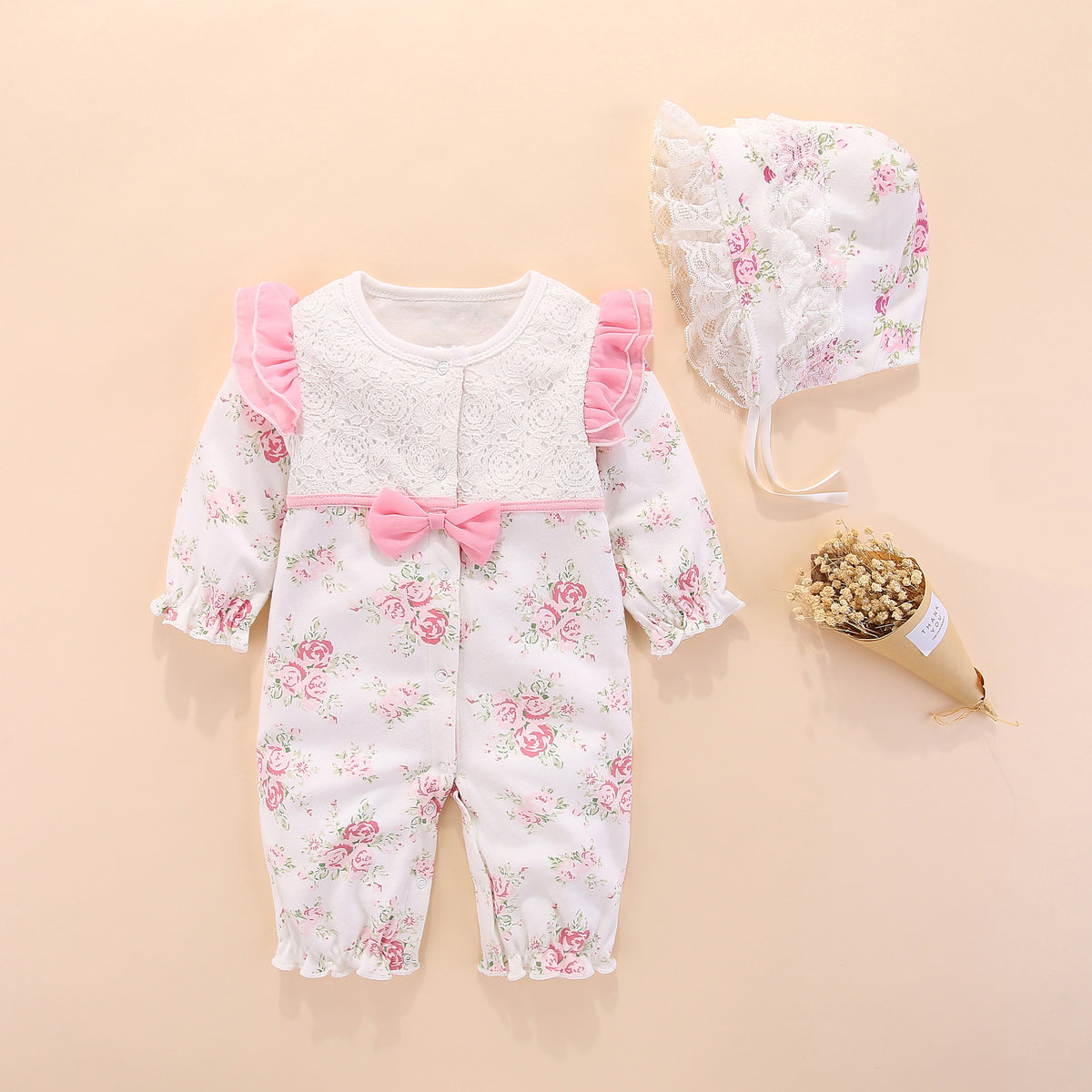 Baby Girls Bow Floral Lace Long Sleeve Romper & Hat Baby Wholesale Clothing - PrettyKid