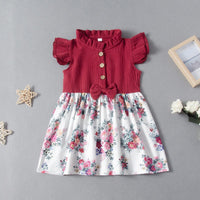 Toddler kids short sleeve dress with flying sleeve bow print stitching skirt - PrettyKid