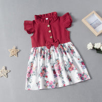 Toddler kids short sleeve dress with flying sleeve bow print stitching skirt - PrettyKid