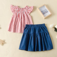 One word shoulder lotus leaf side top A-word skirt set bow skirt set - PrettyKid