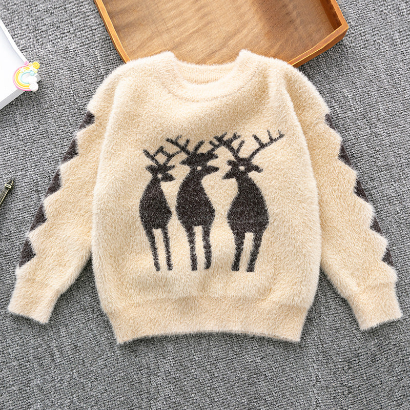 Toddler Kids Solid Color Cartoon Deer Imitation Mink Pullover Knit Top - PrettyKid
