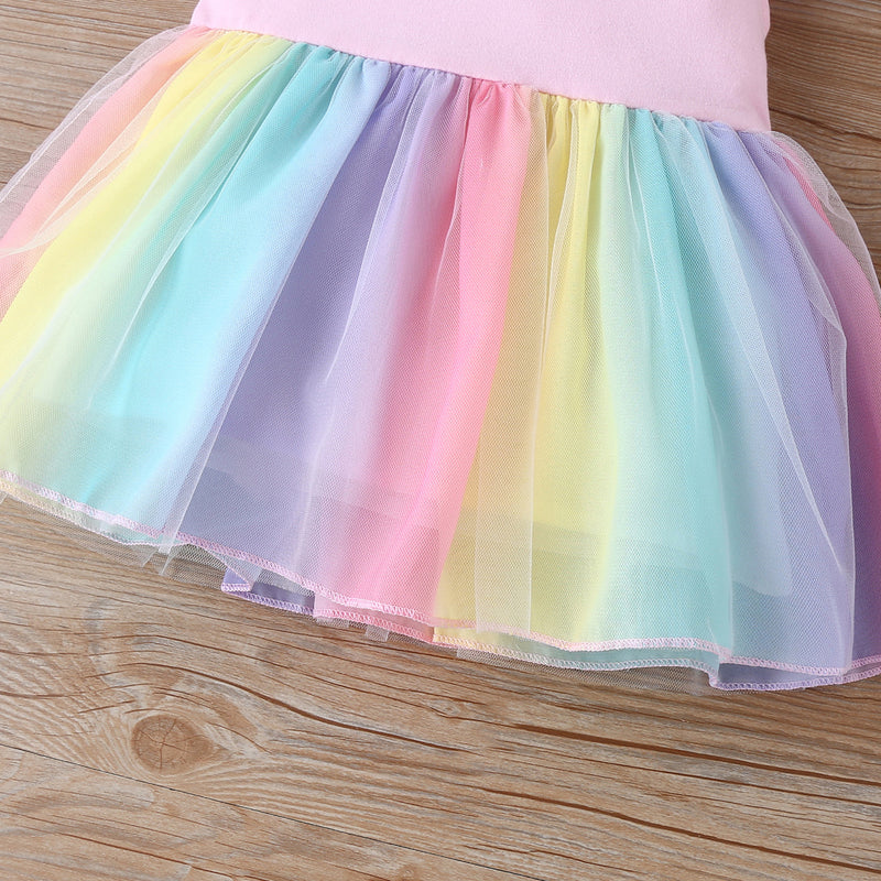 Toddler Girls Summer Short Sleeve Girl Mesh Rainbow Dress Children's Boutique Suppliers - PrettyKid