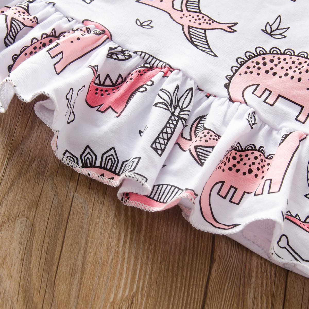 Toddler children girls' Dinosaur print suspender top denim shorts suit - PrettyKid