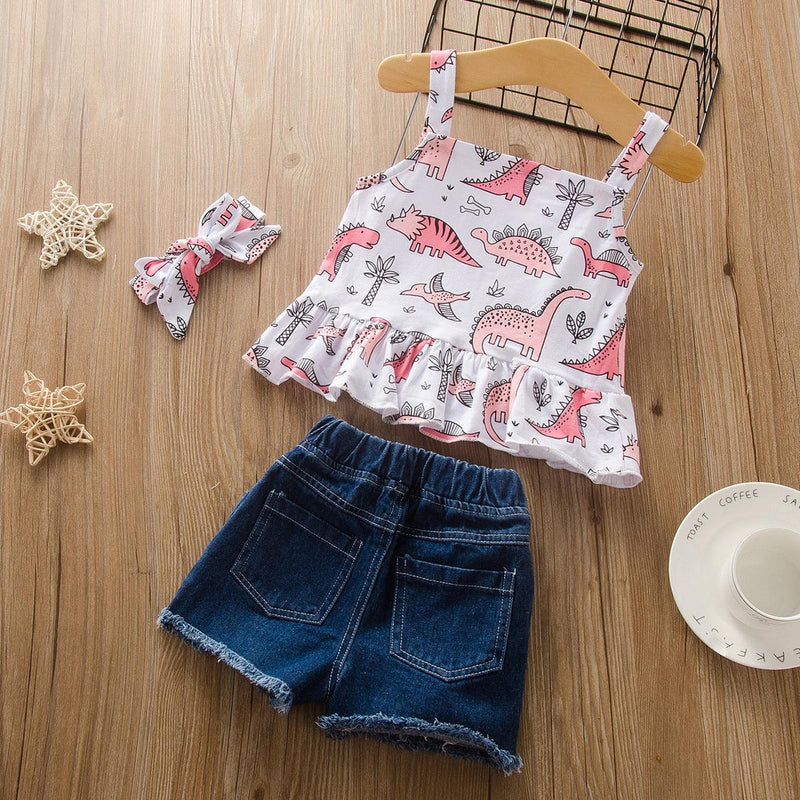 Toddler children girls' Dinosaur print suspender top denim shorts suit - PrettyKid