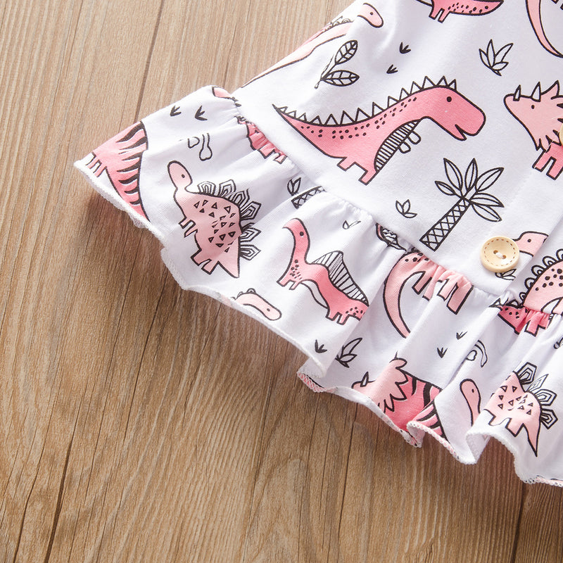 Toddler children girls' Dinosaur print suspender top denim shorts suit - PrettyKid