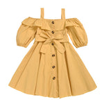 Toddler Kids Girls Summer Solid Color Shoulder Strap Short Sleeve Dress - PrettyKid