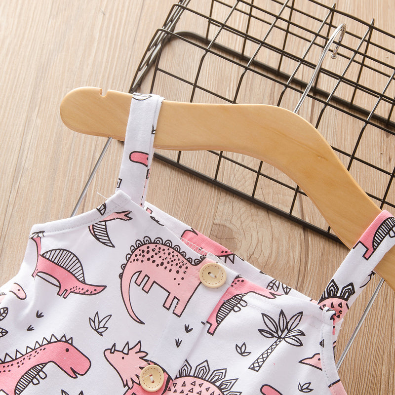 Toddler children girls' Dinosaur print suspender top denim shorts suit - PrettyKid
