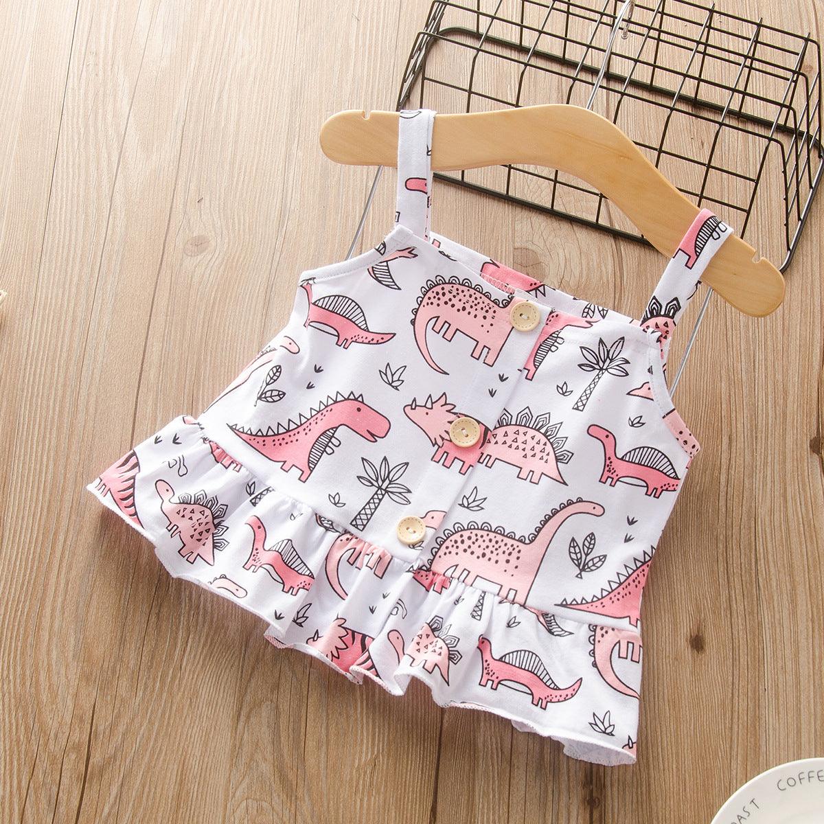 Toddler children girls' Dinosaur print suspender top denim shorts suit - PrettyKid