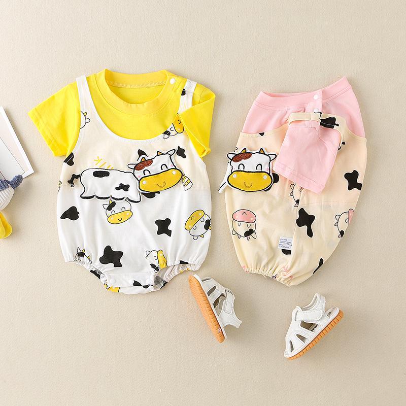 Baby Cartoon Cow Pattern Shoulder Strap Decor Bodysuit - PrettyKid