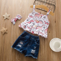 Toddler children girls' Dinosaur print suspender top denim shorts suit - PrettyKid