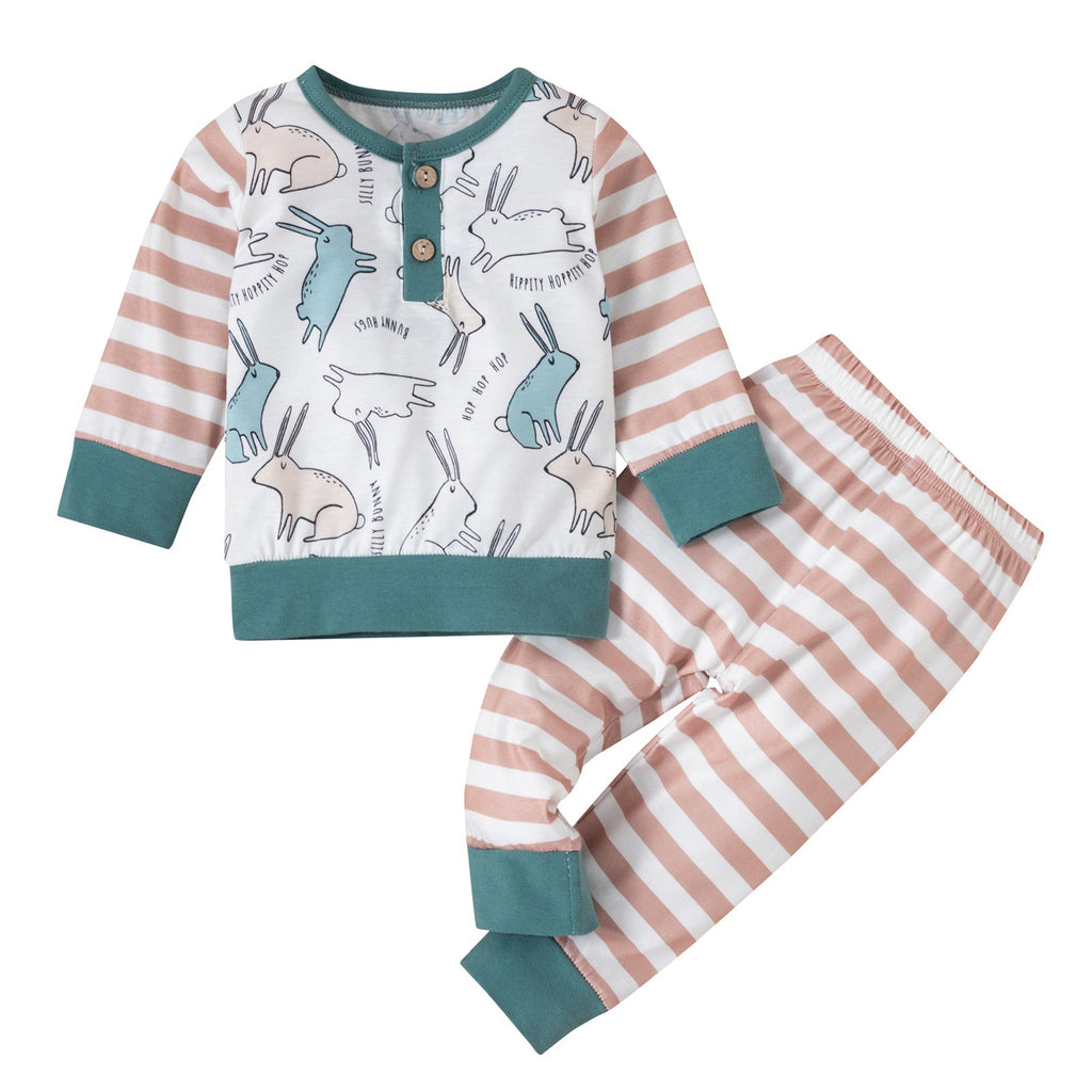 Bunny Print Top And Striped Pants Two Piece Baby Girl Sets - PrettyKid