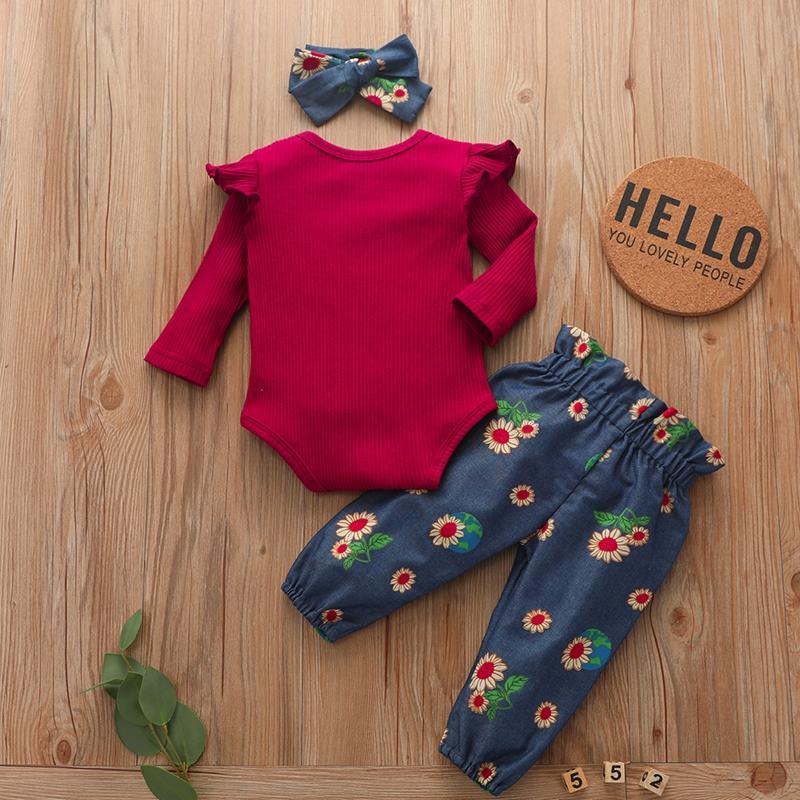 3-piece Solid Ruffle Bodysuit & Floral Printed Pants & Headband for Baby Girl Wholesale children's clothing - PrettyKid