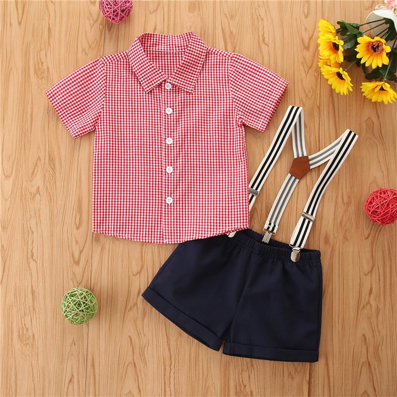 Toddler Boy Plaid Shirt & Suspender Shorts - PrettyKid