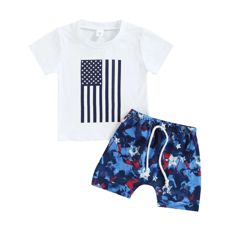6M-3Y Independence Day Flag Print Short Sleeve T-Shirt Stars Print Drawstring Shorts Baby Boy Sets Wholesale Baby Clothes - PrettyKid