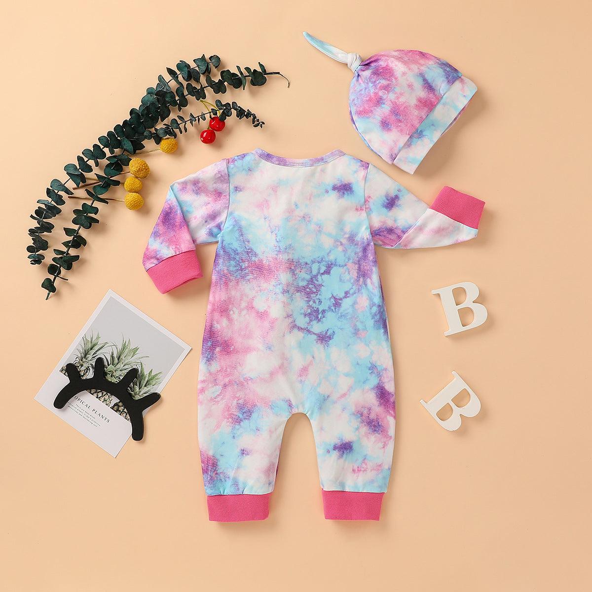 Baby Boys Girls Tie Dyed Printed Long Sleeved Jumpsuit Trousers Hat Set - PrettyKid