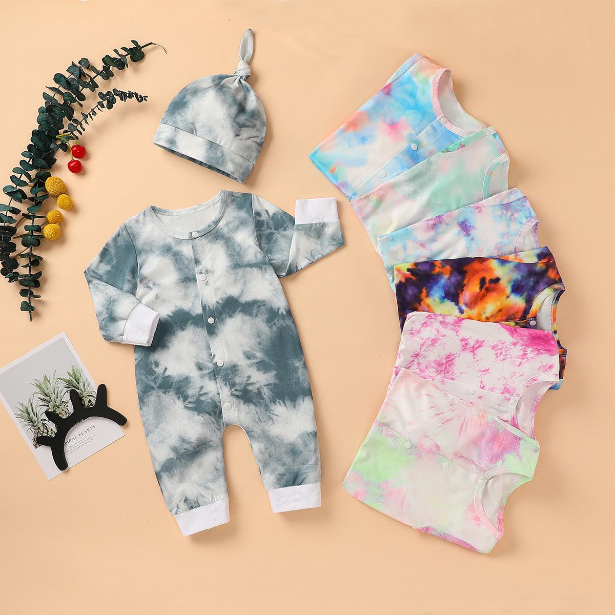 Baby Boys Girls Tie Dyed Printed Long Sleeved Jumpsuit Trousers Hat Set - PrettyKid