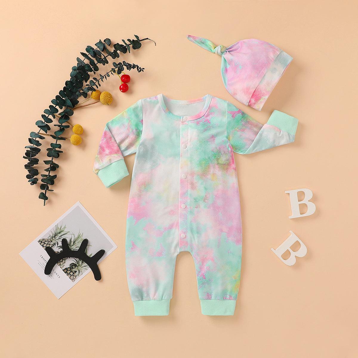 Baby Boys Girls Tie Dyed Printed Long Sleeved Jumpsuit Trousers Hat Set - PrettyKid