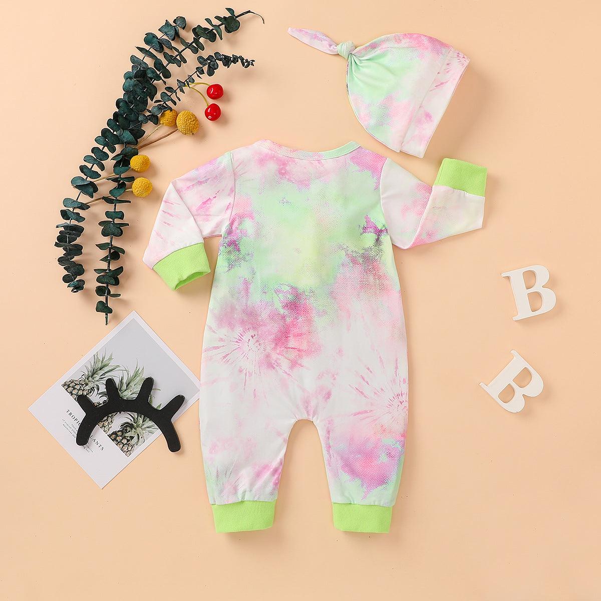 Baby Boys Girls Tie Dyed Printed Long Sleeved Jumpsuit Trousers Hat Set - PrettyKid