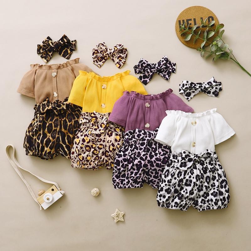 Baby Girl 3pcs Leopard Pattern Suit T-Shirt & Short & Headhand - PrettyKid