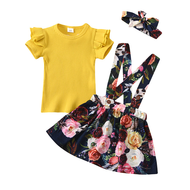 Toddler Girls Solid Color Knit Short-sleeved Top Floral Print Straps Skirt Set - PrettyKid