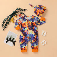 Baby Boys Girls Tie Dyed Printed Long Sleeved Jumpsuit Trousers Hat Set - PrettyKid