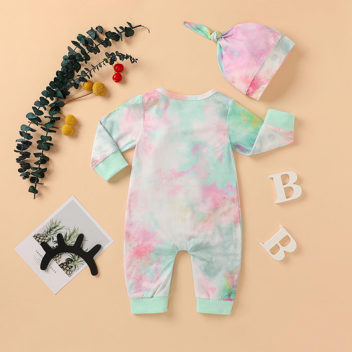 Baby Boys Girls Tie Dyed Printed Long Sleeved Jumpsuit Trousers Hat Set - PrettyKid