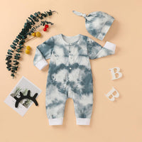 Baby Boys Girls Tie Dyed Printed Long Sleeved Jumpsuit Trousers Hat Set - PrettyKid