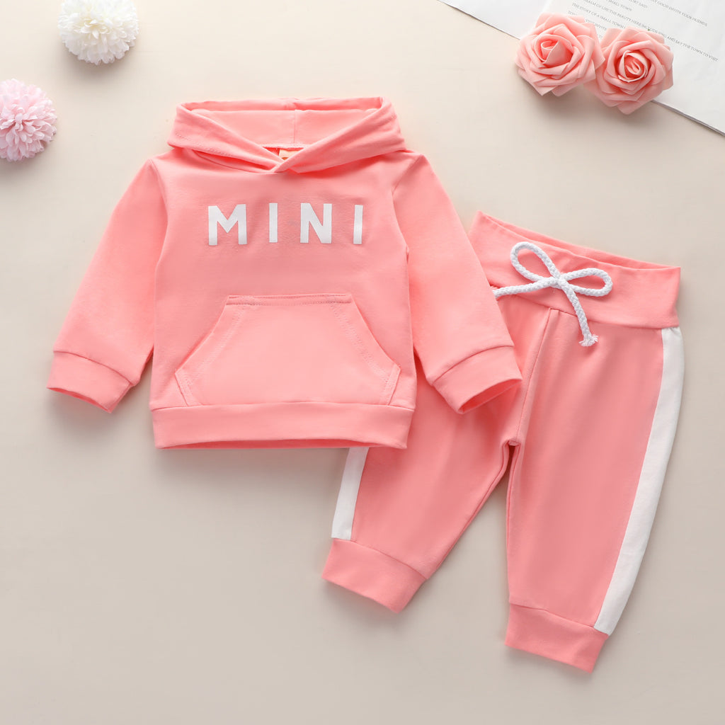 Toddler Girls Solid Color Mini Letter Print Long-sleeved Hooded Sweatshirt Sports Suit - PrettyKid