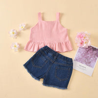 Children's Sling Single Breasted Ruffle Top Button Hole Jeans Children's Suit