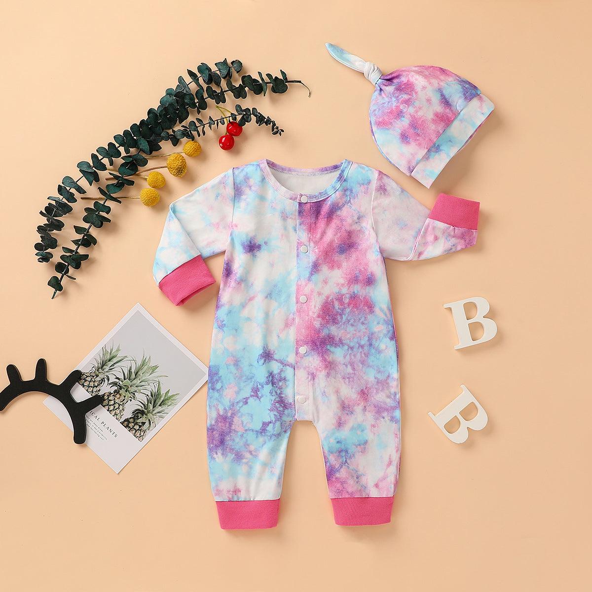 Baby Boys Girls Tie Dyed Printed Long Sleeved Jumpsuit Trousers Hat Set - PrettyKid