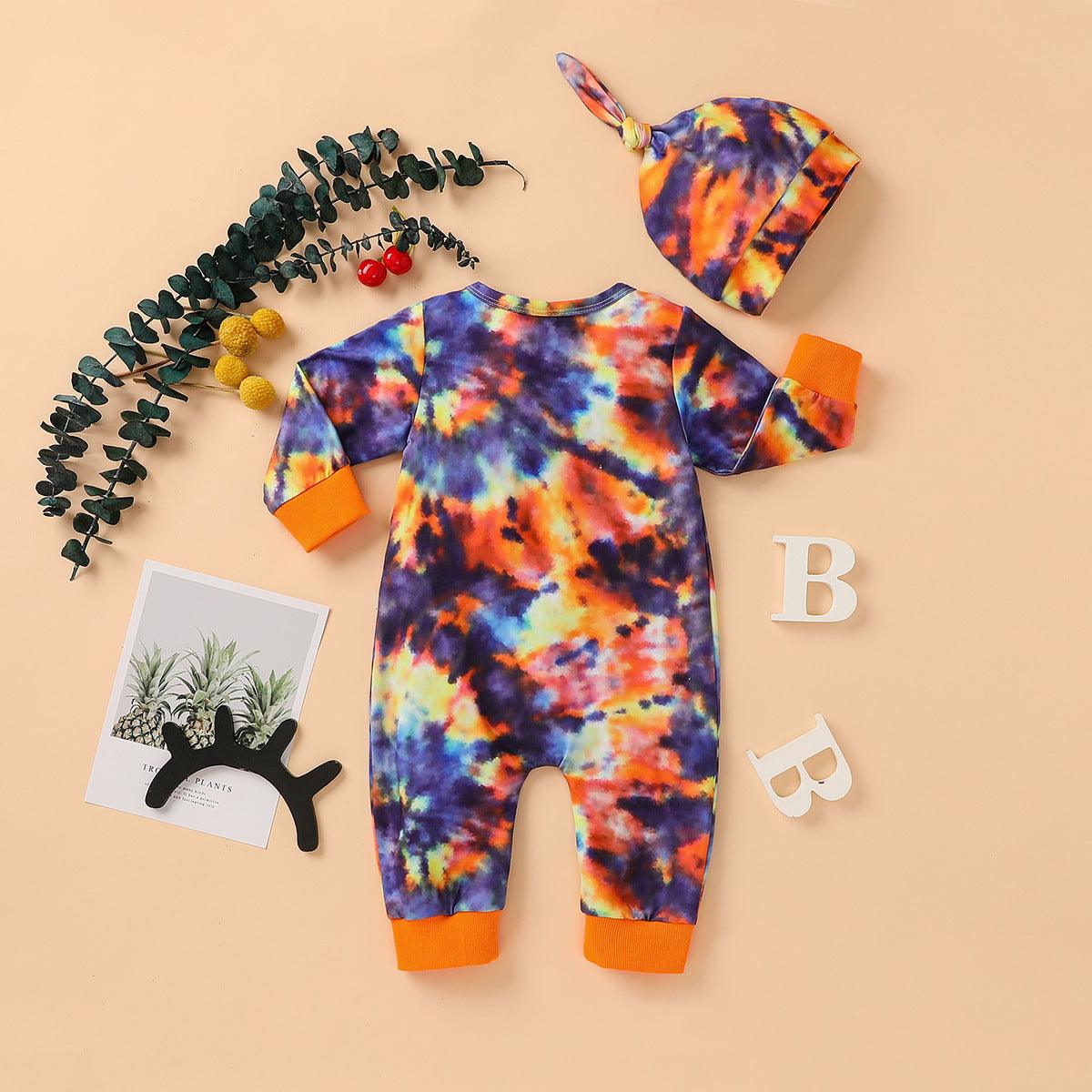 Baby Boys Girls Tie Dyed Printed Long Sleeved Jumpsuit Trousers Hat Set - PrettyKid