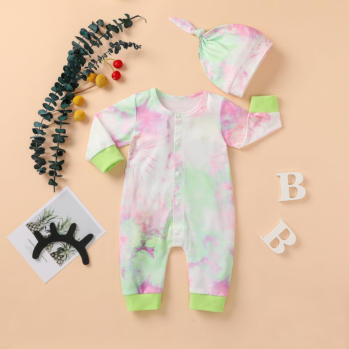 Baby Boys Girls Tie Dyed Printed Long Sleeved Jumpsuit Trousers Hat Set - PrettyKid