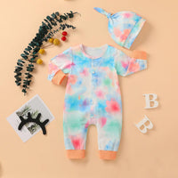 Baby Boys Girls Tie Dyed Printed Long Sleeved Jumpsuit Trousers Hat Set - PrettyKid