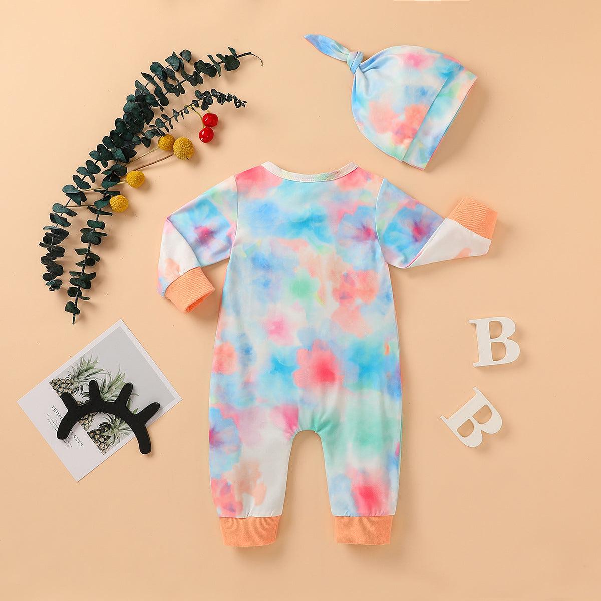 Baby Boys Girls Tie Dyed Printed Long Sleeved Jumpsuit Trousers Hat Set - PrettyKid