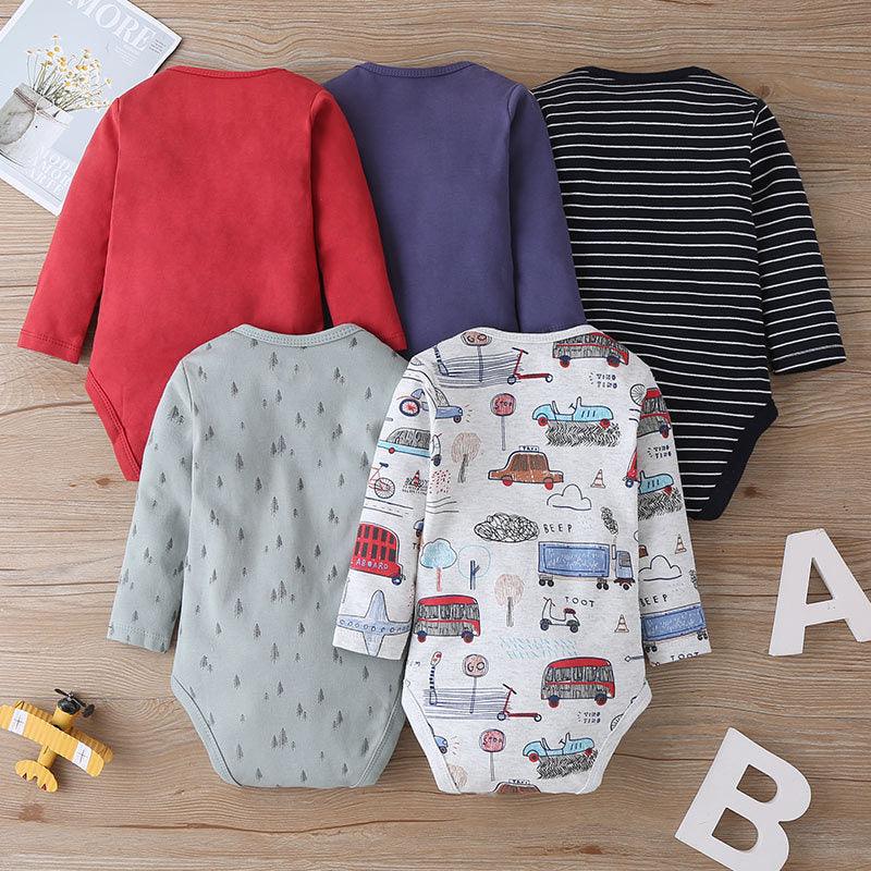 5PCS Baby Long Sleeve Cartoon Printed Triangle Jumpsuit - PrettyKid