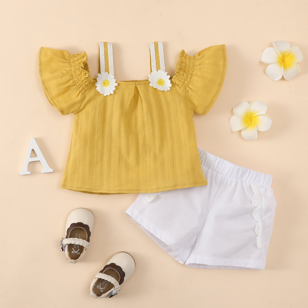 Baby Girl Off Shoulder Fly Sleeve Daisy Top And Shorts Baby Outfit Sets - PrettyKid