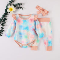 Baby Girls Tie Dyed Printed Long Sleeved Jumpsuit Pants Hair Band Set - PrettyKid