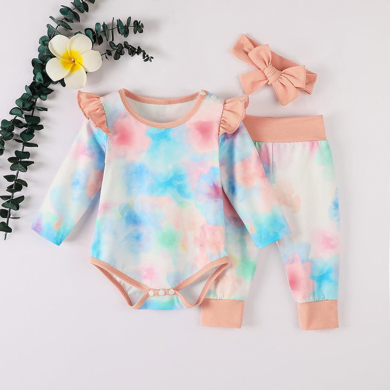 Baby Girls Tie Dyed Printed Long Sleeved Jumpsuit Pants Hair Band Set - PrettyKid