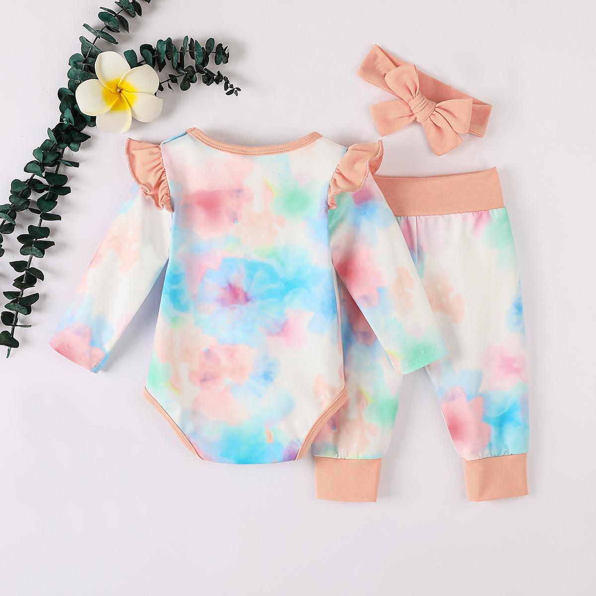 Baby Girls Tie Dyed Printed Long Sleeved Jumpsuit Pants Hair Band Set - PrettyKid