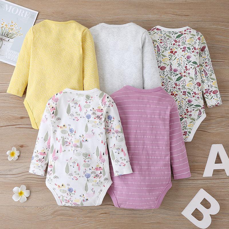 5PCS Baby Long Sleeve Cartoon Printed Triangle Jumpsuit - PrettyKid