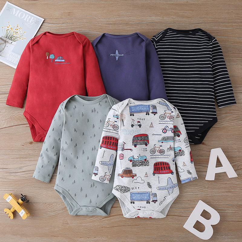 5PCS Baby Long Sleeve Cartoon Printed Triangle Jumpsuit - PrettyKid