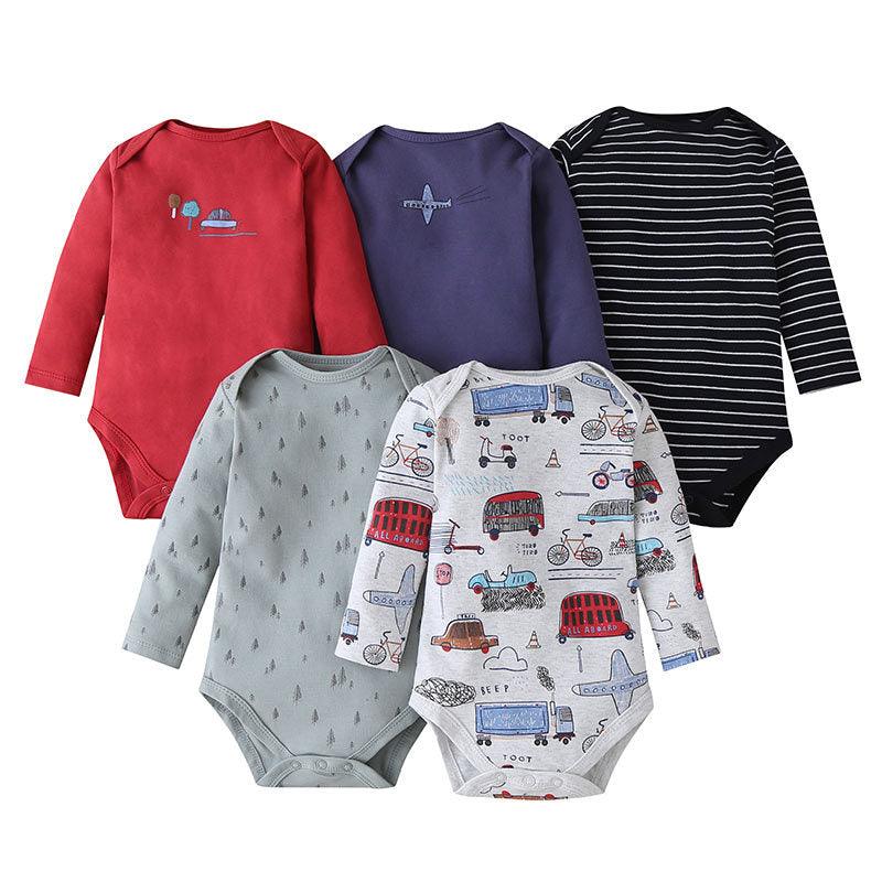 5PCS Baby Long Sleeve Cartoon Printed Triangle Jumpsuit - PrettyKid